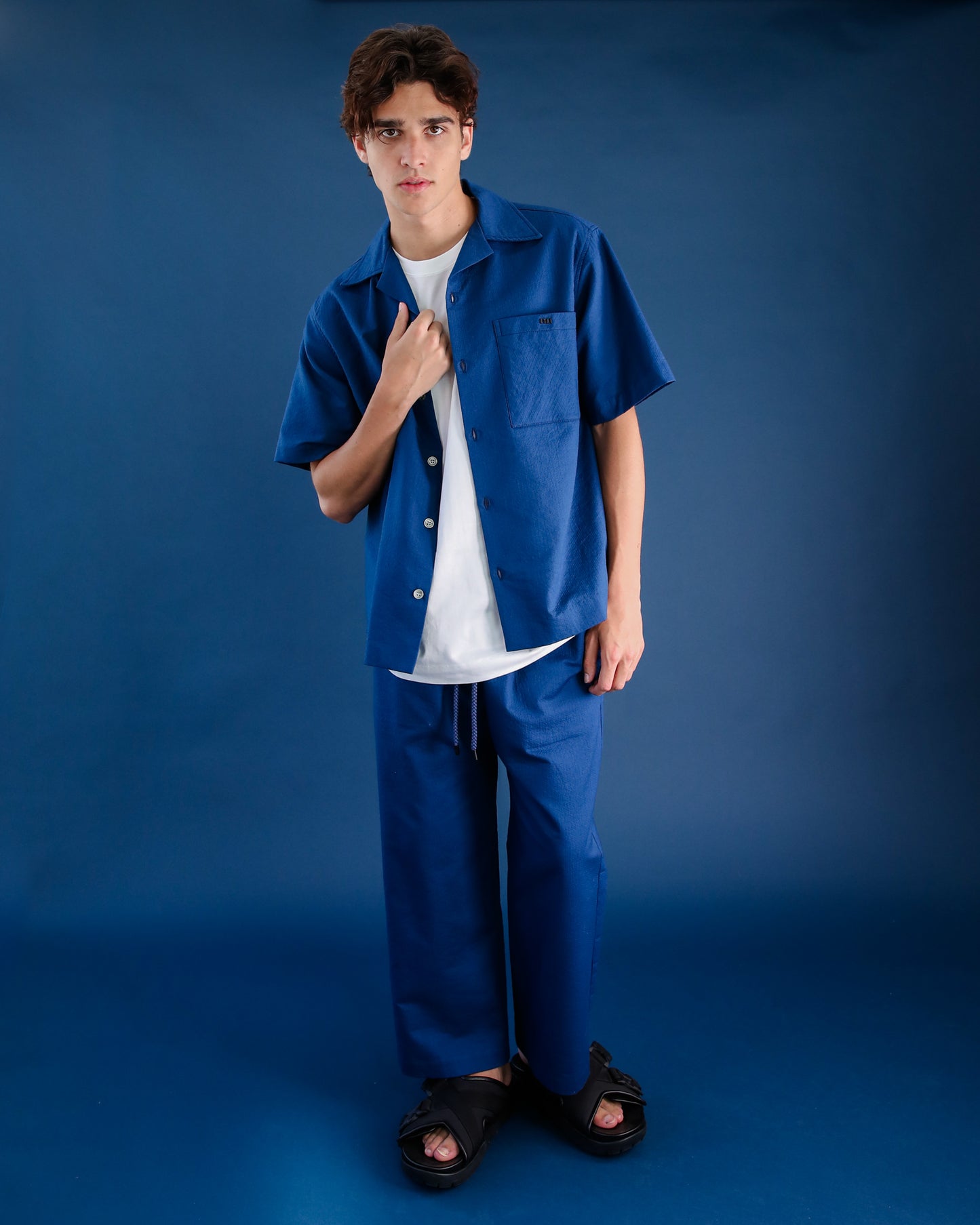 Top Stitch Drawcord Pants - Blue